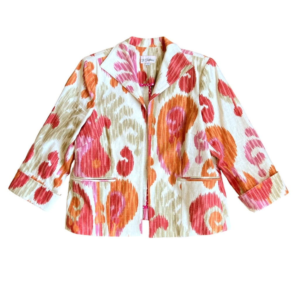 3 Sisters Women's Linen Blazer SIZE Large Ikat Paisley Design Orange Cream Red